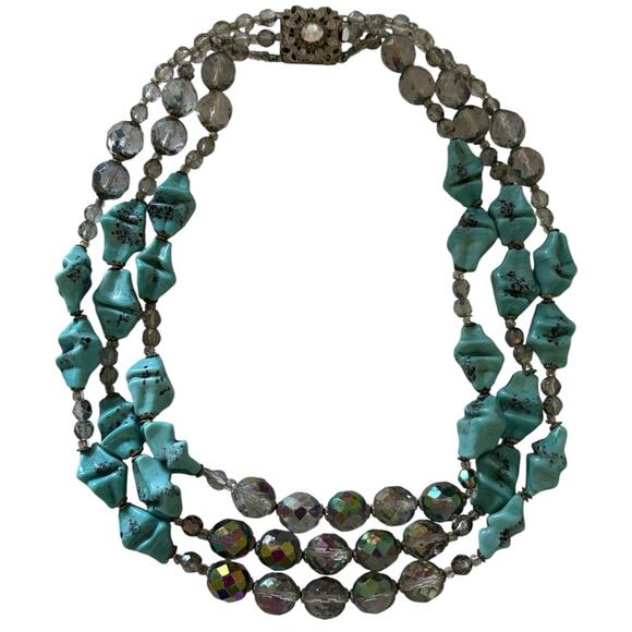 Antique Art Deco Faux Turquoise Glass AB Faceted Triple Strand Necklace RARE - Picture 2 of 11